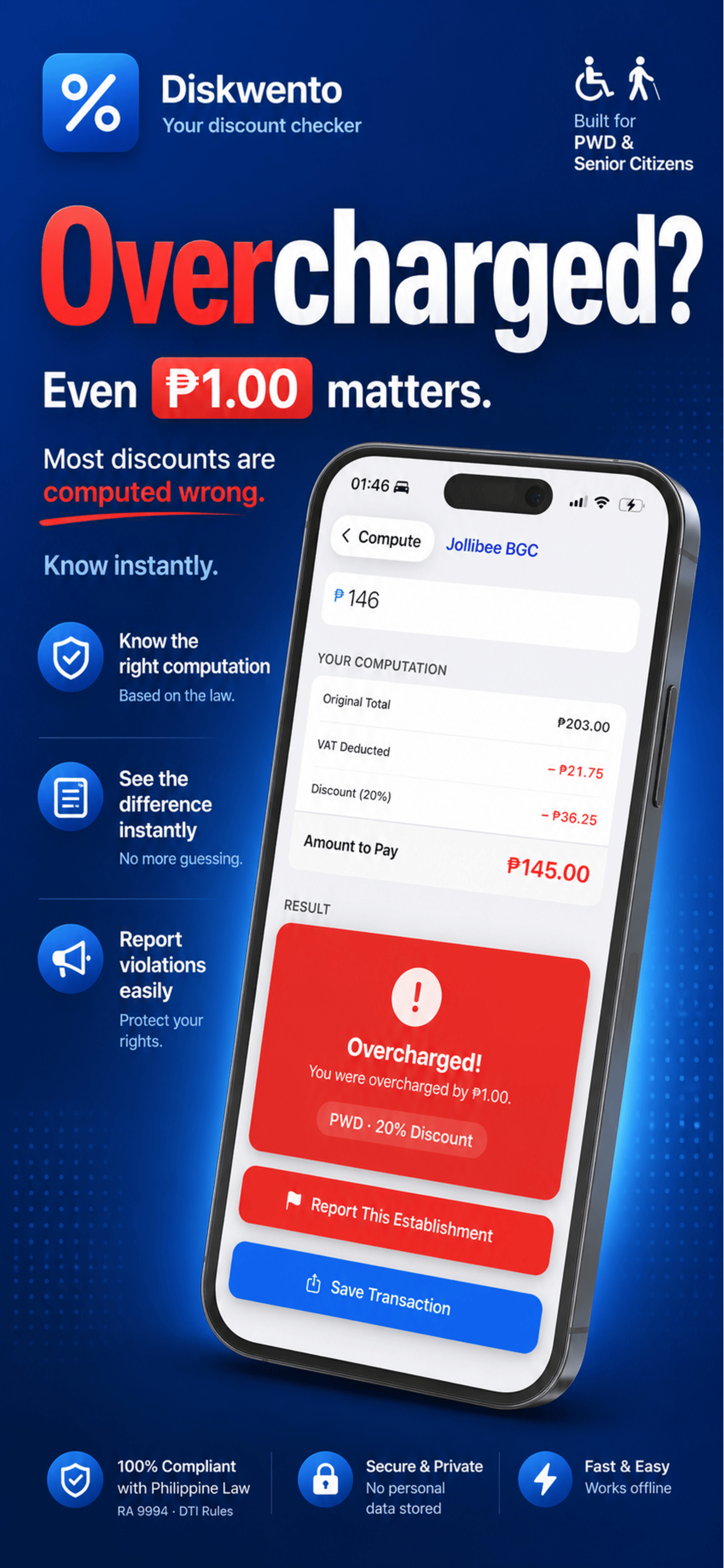 Diskwento — Enter the amount from your receipt